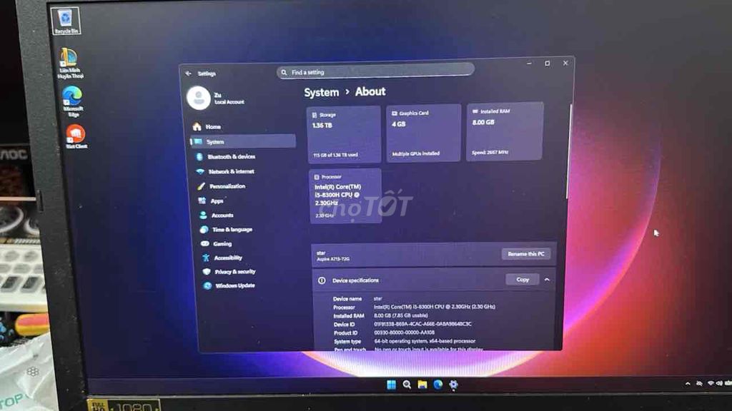 Acer Aspire 7 i5-8300H 8GB/1TB Đen. Mua bán Laptop tại Quận Hai Bà Trưng Hà Nội được đăng bởi Rain Ktwo hình 1