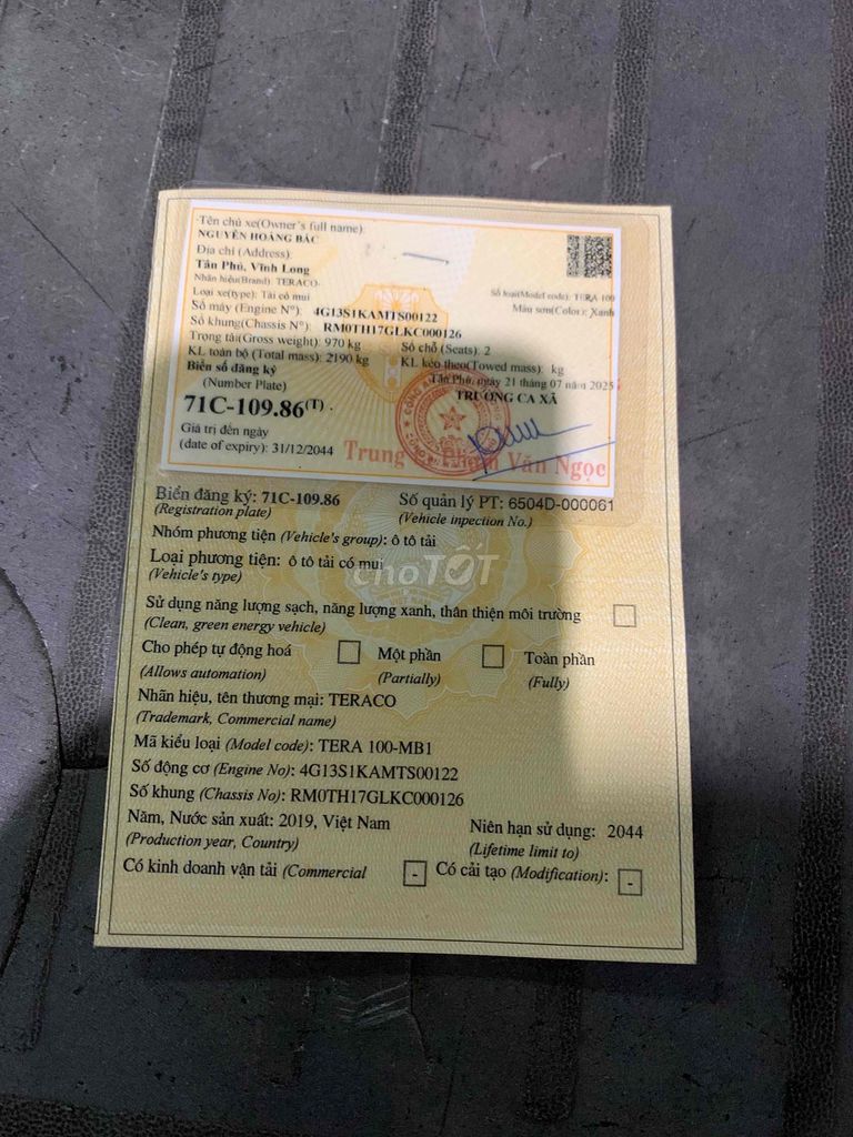 TERACO TERA 100-MB1 2019 kiểm 28/11/26. Mua bán Xe tải, xe ben tại Huyện Châu Thành Bến Tre được đăng bởi nguyen van trung hình 10