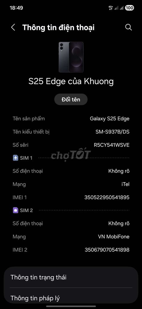 Samsung Galaxy S25 Edge 512 gb bh 20/6/2026 tgdd. Mua bán Điện thoại tại Thành phố Bến Tre Bến Tre được đăng bởi conan hình 1