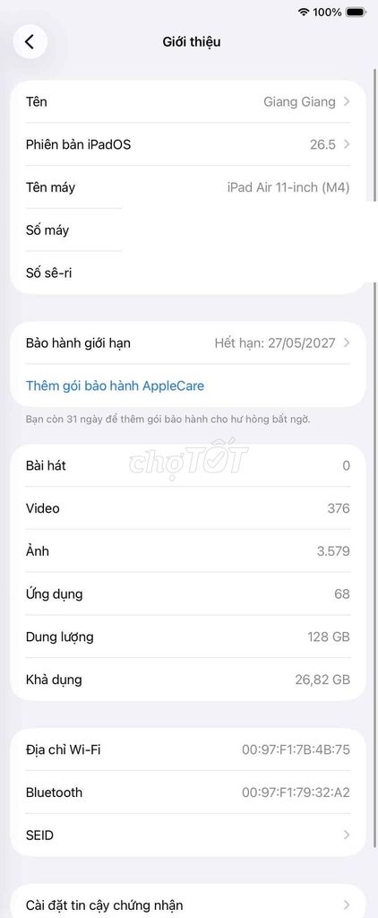 Chính Hãng Viettel Store Ipad Air M4 12GB RAM. Mua bán Máy tính bảng tại Quận Thanh Xuân Hà Nội được đăng bởi Nguyễn Đức Giang hình 1