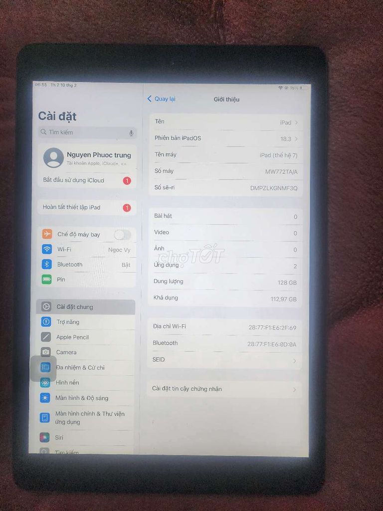 Ipad gen 7 128g wifi icloud sạch , vân ok