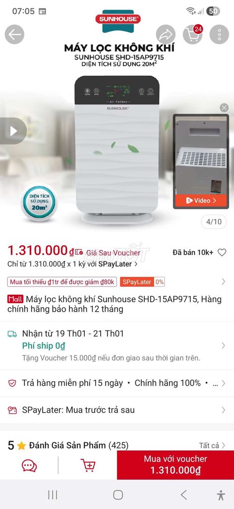 Máy lọc không khí Sunhouse SHD-15AP9715. Mua bán Nội thất, đồ gia dụng khác tại Quận Lê Chân Hải Phòng được đăng bởi Vinh hình 1