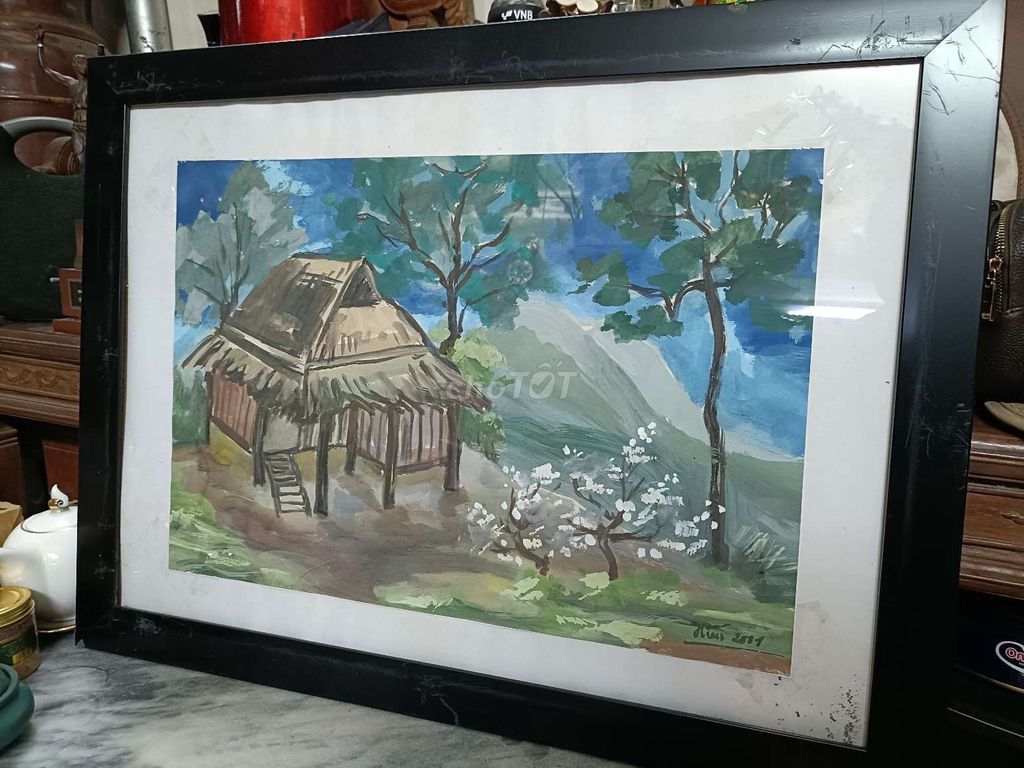 Tranh màu nước Cảnh nhà sàn khung kính. Mua bán Đồ sưu tầm, đồ cổ tại Quận Hoàng Mai Hà Nội được đăng bởi Xtung hình 1