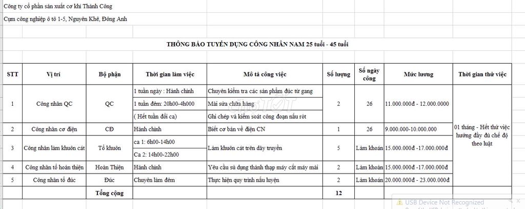 Tuyển công nhân nam lương cao tại Đông Anh