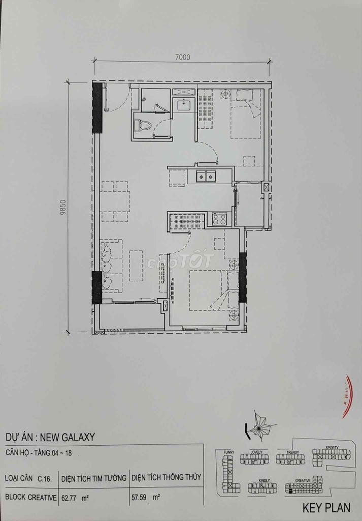 Bán căn hộ chung cư New Galaxy,lô C tầng 9,dt 63m2 2PN,2WC