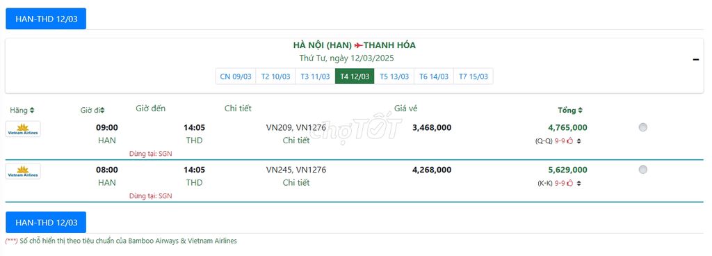 HÀ NỘI (HAN) THANH HÓA Thứ Tư, ngày 12/03/2025