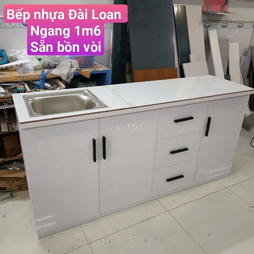 Tủ bếp nhựa Đài Loan ngang 1m6 - sẵn bồn vòi