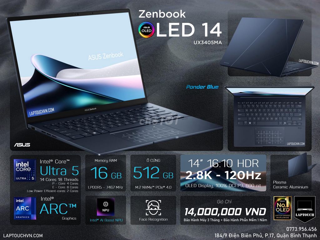 Asus Zenbook 14 OLED - UX3405MA [ Ponder Blue ]. Mua bán Laptop tại Quận Bình Thạnh Tp Hồ Chí Minh được đăng bởi Cửa Hàng Máy Tính Laptouch VN hình 1