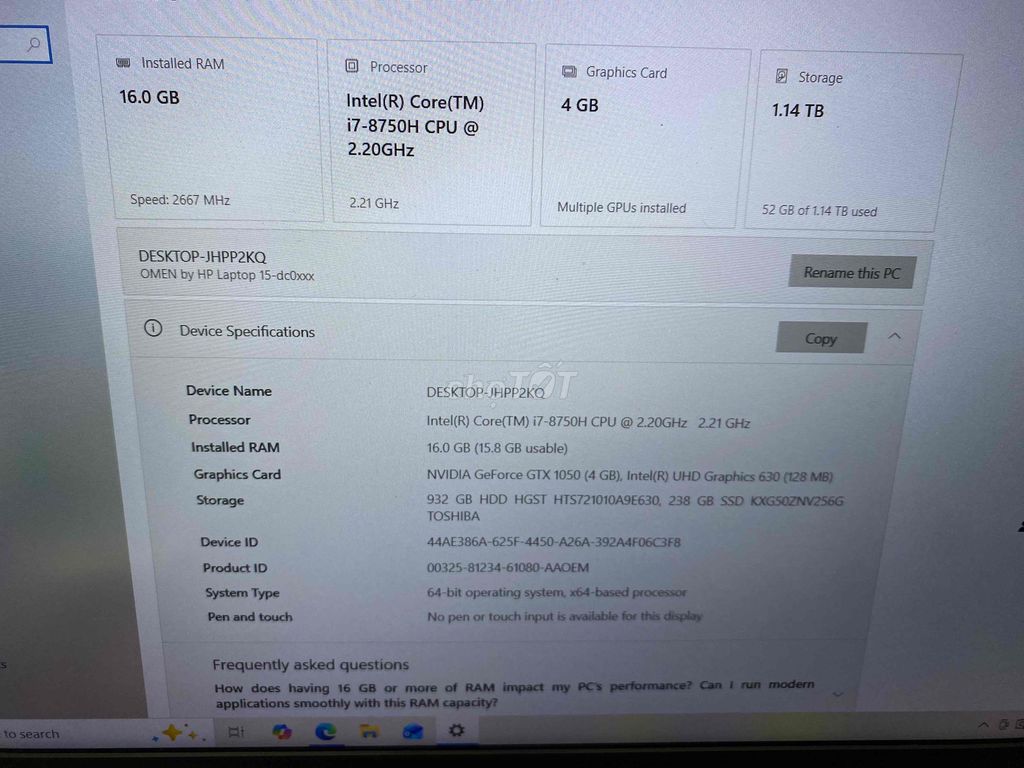 HP OMEN 15-dc0xxx i7-8750H 16GB/1.14TB GTX 1050. Mua bán Laptop tại Thành phố Bắc Ninh Bắc Ninh được đăng bởi minhcuong hình 1