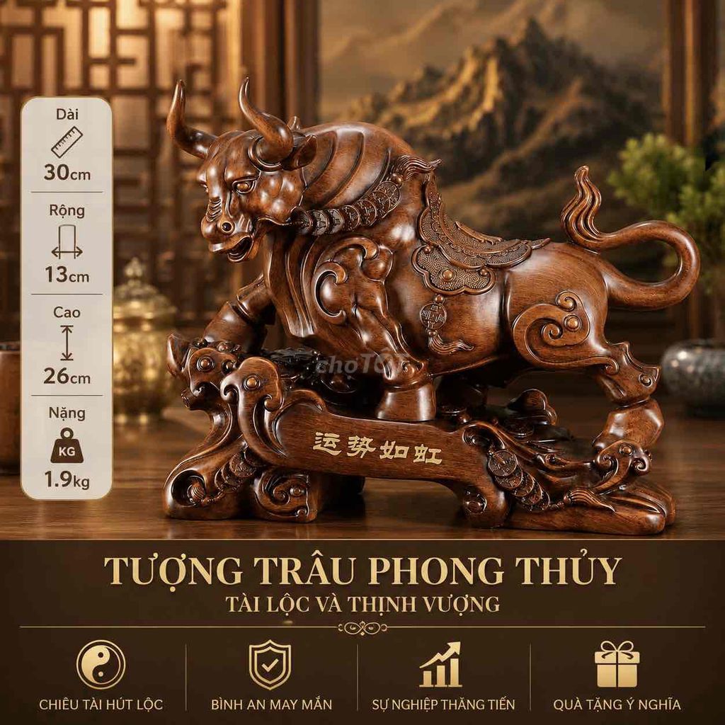 Tượng trâu phong thủy may mắn cao 30x13x26cm