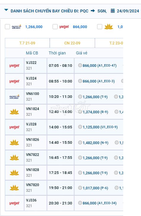 Phú Quốc (PQC) - Tân Sơn Nhất (SGN) 24/09/2024