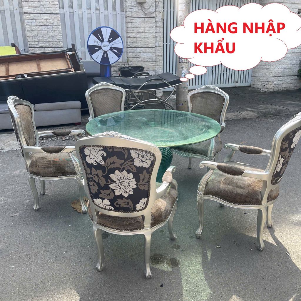 Bàn ăn kính siêu nặng kèm 5 ghế ăn Louis nhập khẩu