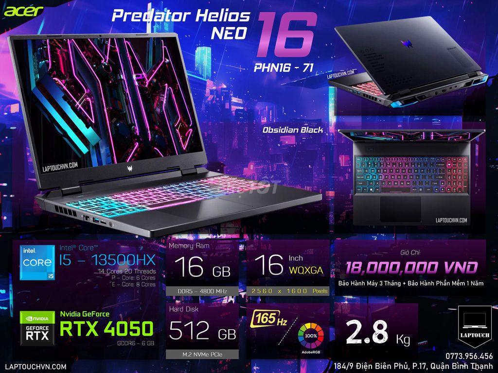 Acer Predator Helios Neo 16 PHN16 - 71 [RTX 4050]. Mua bán Laptop tại Quận Bình Thạnh Tp Hồ Chí Minh được đăng bởi Cửa Hàng Máy Tính Laptouch VN hình 1