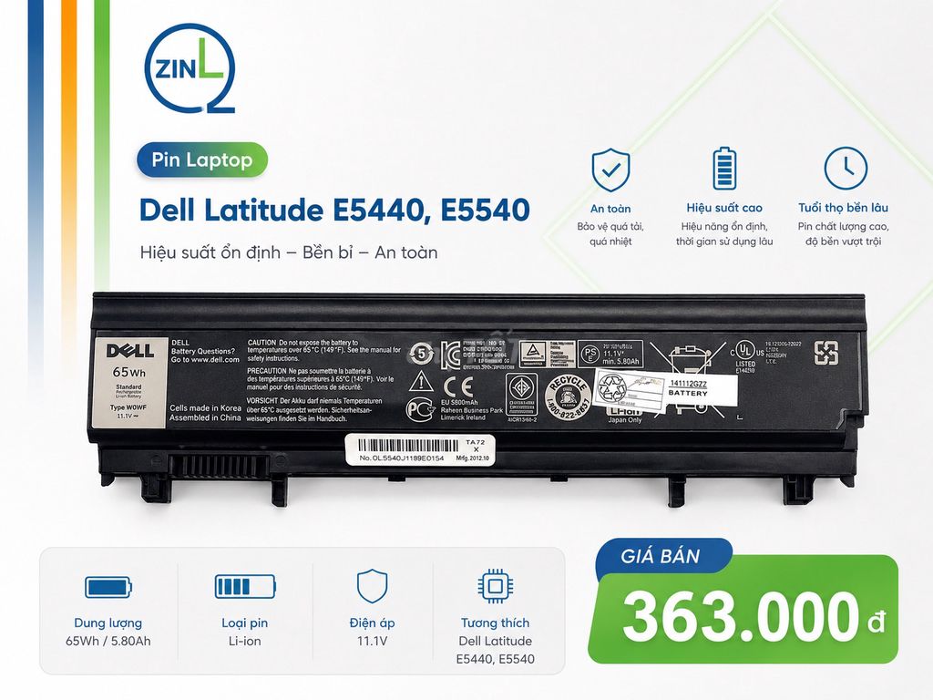 Pin laptop Dell Latitude E5440, E5540. Mua bán Linh kiện (RAM, Card...) tại Thành phố Biên Hòa Đồng Nai được đăng bởi Zin Laptop hình 1