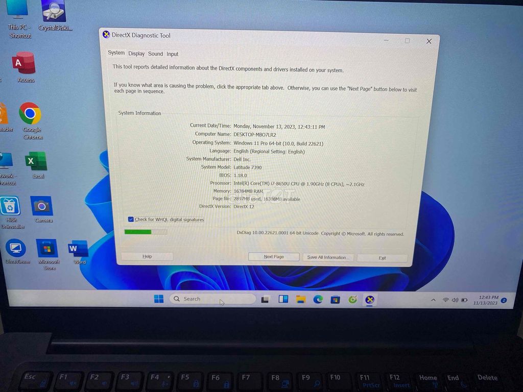 Laptop dell 7390 Core i7-8650u