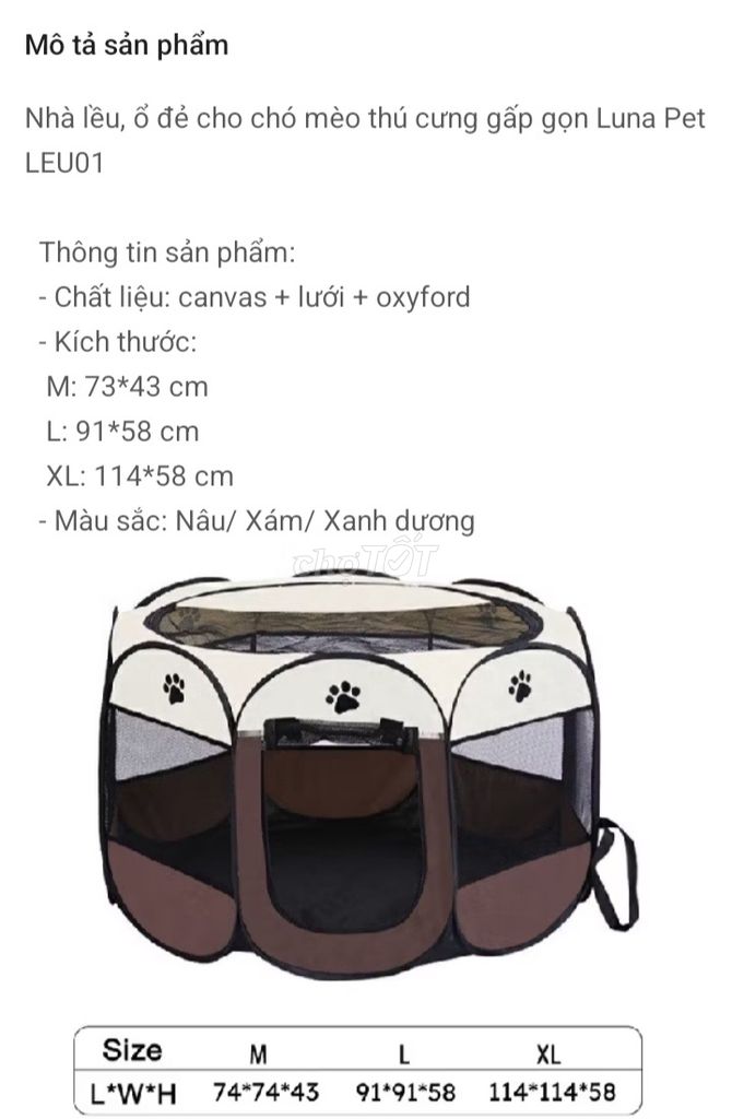 Lều Luna Pet LEU01 Canvas XL Nâu Xám Xanh. Mua bán Phụ kiện, Thức ăn, Dịch vụ tại Quận 10 Tp Hồ Chí Minh được đăng bởi Tú Tú (Băng Băng) hình 1