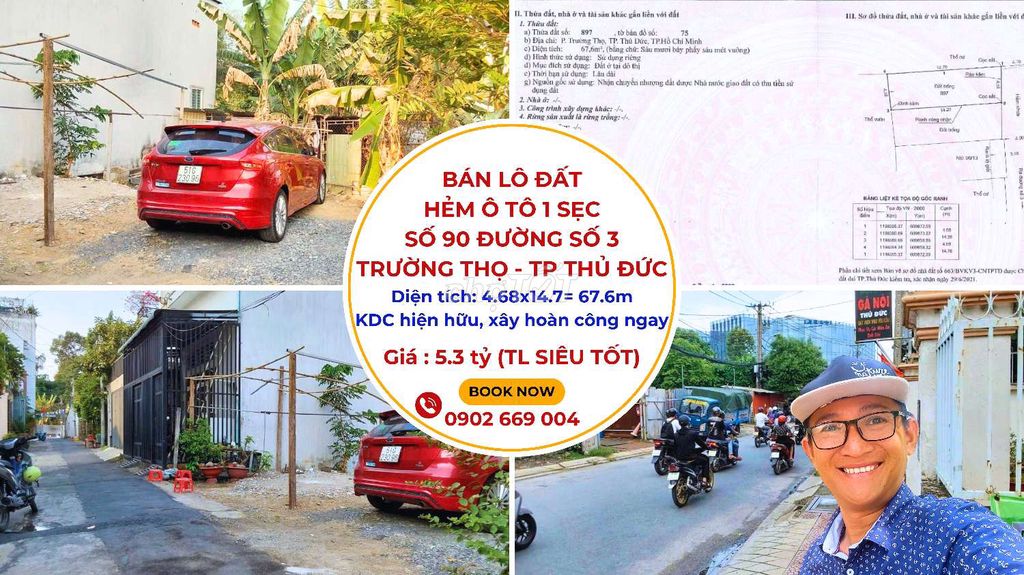 BÁN LÔ ĐẤT RẺ NHẤT TRƯỜNG THỌ HẺM 90 ĐƯỜNG SỐ 3 - CHỈ 5.3 TỶ CHO 68M²