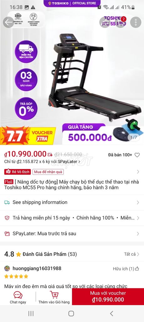 Thanh Lý máy chạy bộ Toshico MC55 pro