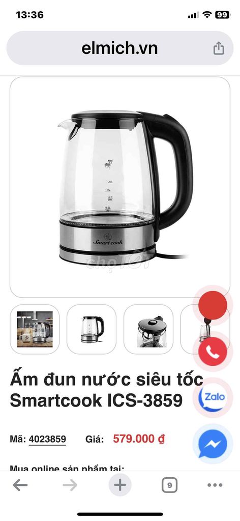 bán ấm siêu tốc thuỷ tinh smart cook, Elmich