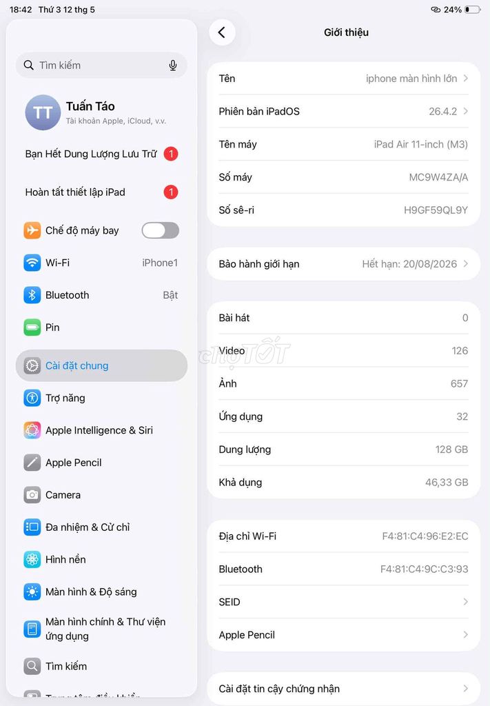 Ipad Air M3 11in 2025 + pencil pro. Mua bán Máy tính bảng tại Quận Ninh Kiều Cần Thơ được đăng bởi Tuan Tao hình 1