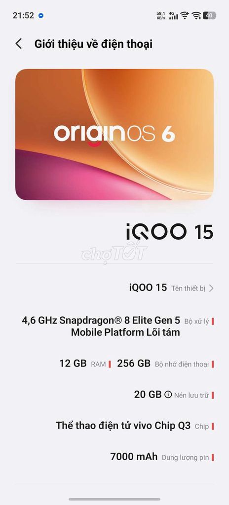 iQOO 15 Snapdragon 8 Gen 5 12GB/256GB Đa sắc. Mua bán Điện thoại tại Huyện Trảng Bàng Tây Ninh được đăng bởi Trí Nguyễn  hình 1