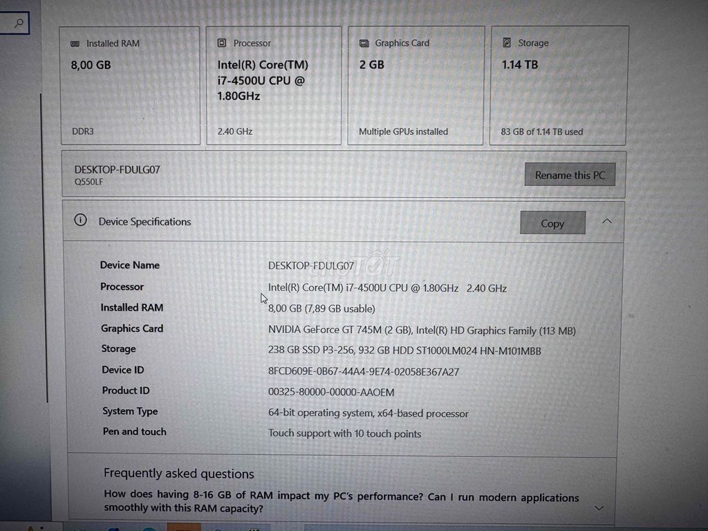 ASUS i7-4500U 8GB/256GB Đã dùng. Mua bán Laptop tại Thành phố Bà Rịa Bà Rịa - Vũng Tàu được đăng bởi nguyễn trường hình 1