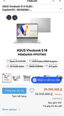 Asus S14 Ai 9 Hx370 Màn oled 2K8 120Hz BH 03/2028