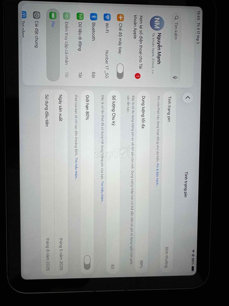 Ipad mini 7 wiffi 5g ( 256g )bh8/2026. Mua bán Máy tính bảng tại Thành phố Thủ Dầu Một Bình Dương được đăng bởi mạnh hình 1