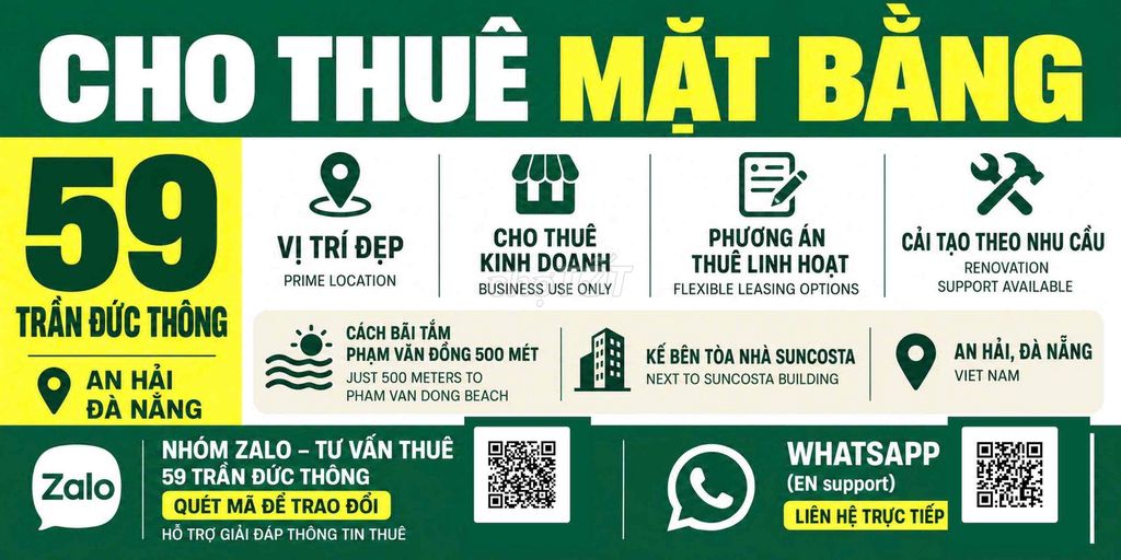 CHO THUÊ MẶT BẰNG 59 TRẦN ĐỨC THÔNG, AN HẢI, ĐÀ NẴNG – GẦN BIỂN