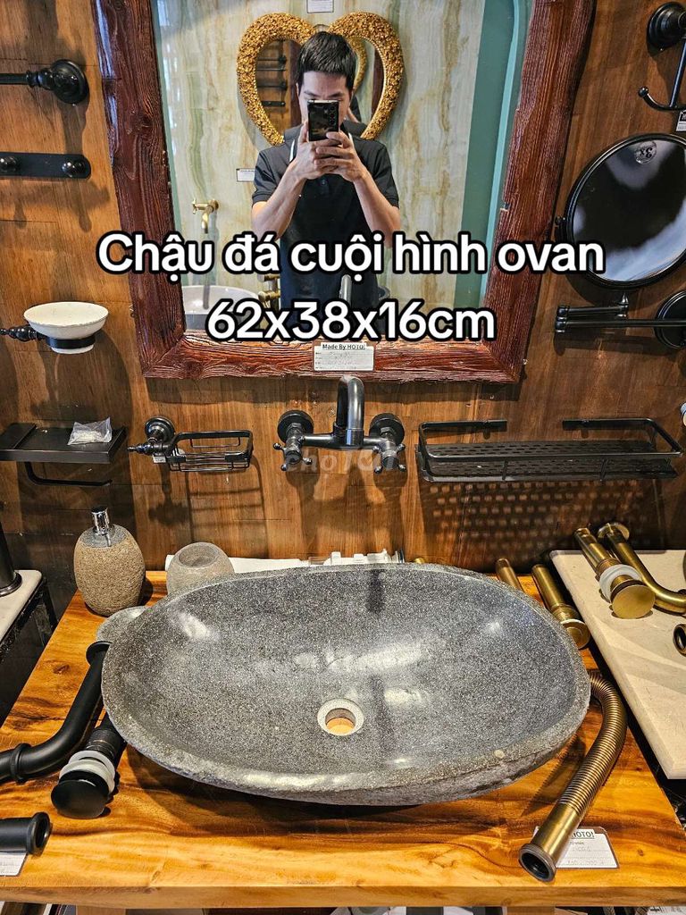 Chậu đá cuội nguyên khối hình ovan 62x38x16cm