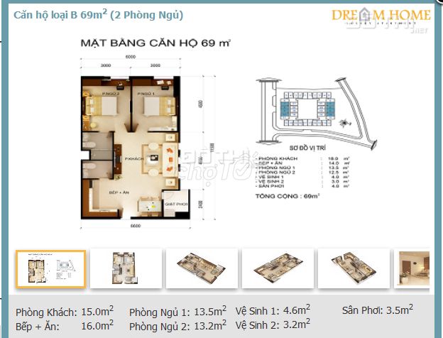 Bán căn hộ 65m2, 2PN, 2WC, 1 PK, bếp, Dream HOme