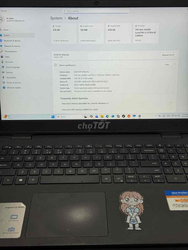Dell Inspiron 15 i3-1115G4 4GB/256GB zin đẹp 98%. Mua bán Laptop tại Quận 5 Tp Hồ Chí Minh được đăng bởi Phan Thế Phong  hình 1