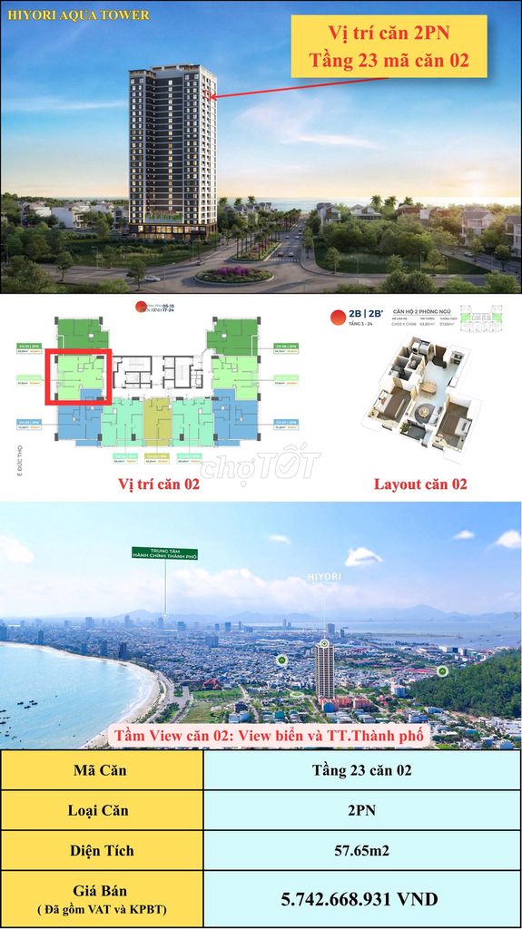 CĂN HỘ VIEW BIỂN 2PN GIÁ 5.742 TỶ SỞ HỮU LÂU DÀI - HIYORI AQUA TOWER