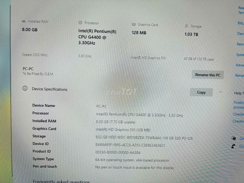 PC Pentium G4400 8GB 1TB HDD + 128GB. Mua bán Máy tính để bàn tại Quận Bắc Từ Liêm Hà Nội được đăng bởi Nguyễn Văn Tài hình 1