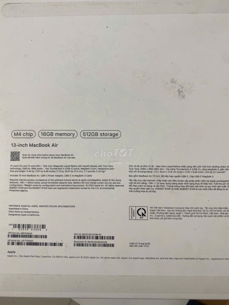 Apple MacBook Air M4 16GB/512GB Xám. Mua bán Laptop tại Huyện Kiến Thuỵ Hải Phòng được đăng bởi Vũ Lệnh Đồng hình 1