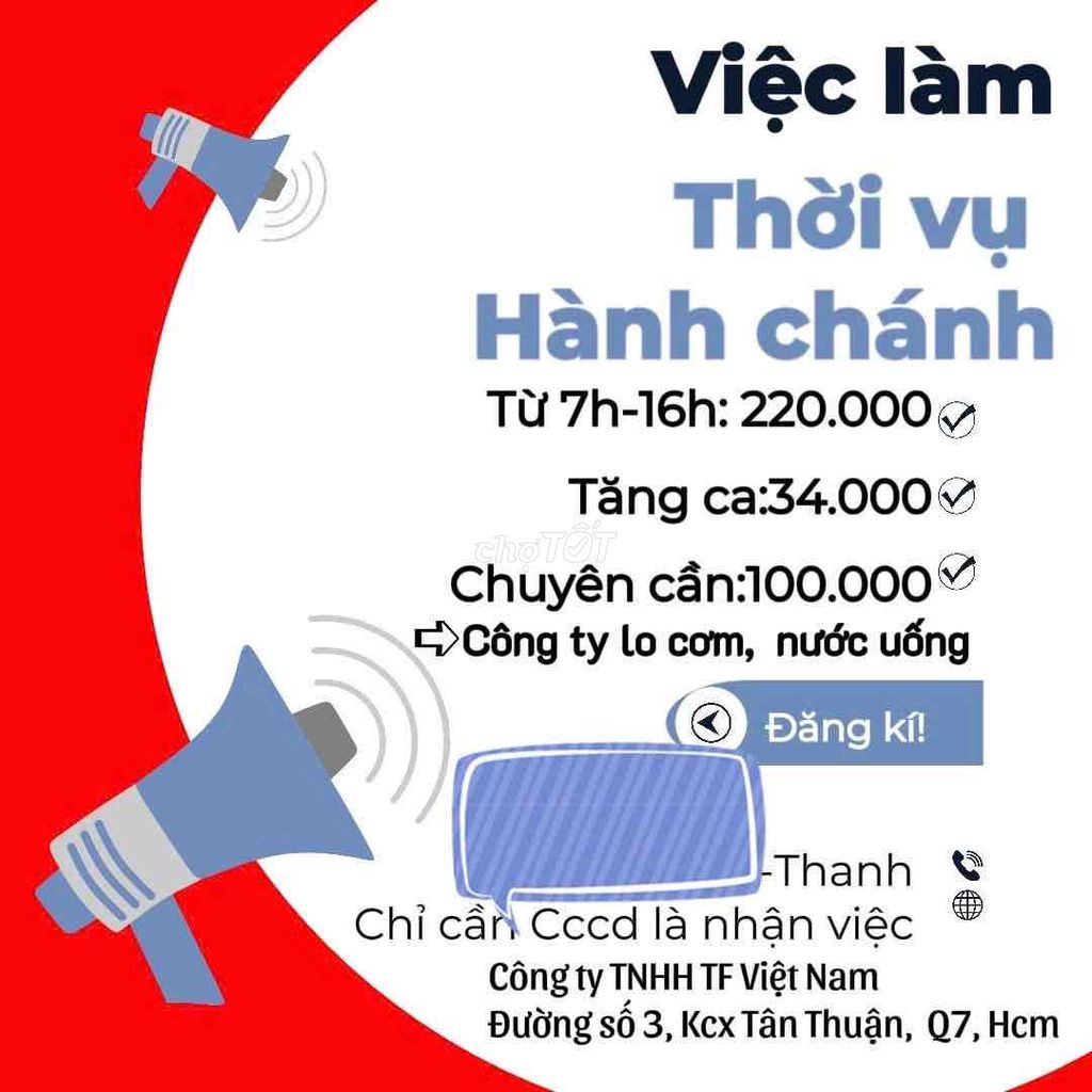 Cần tuyển Lđpt Hành Chánh Tăng Ca