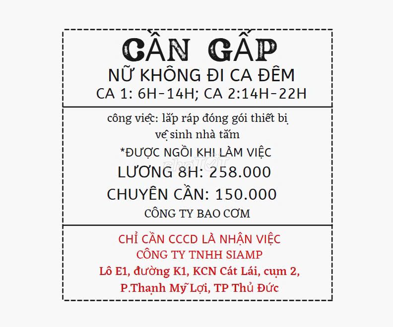 CẦN GẤP 20 NỮ THỜI VỤ KHÔNG ĐI CA ĐÊM TẠI Q2