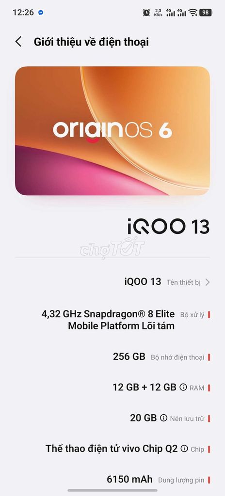 iQOO 13 256GB Trắng. Mua bán Điện thoại tại Huyện Diên Khánh Khánh Hòa được đăng bởi Trần Nhật Tiến hình 1