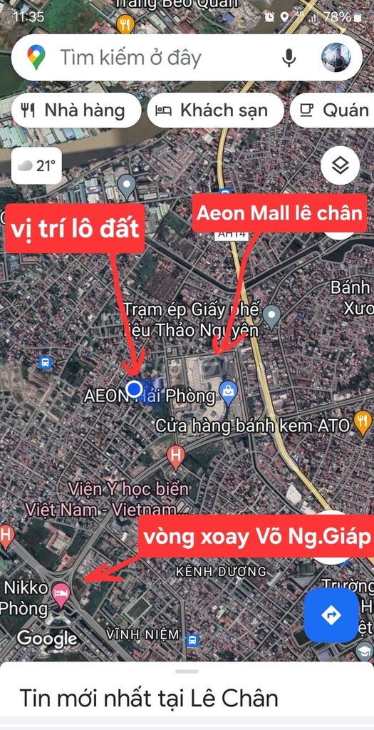 Chỉ 38tr/m2 cho lô đất sau Aeon Mall Vĩnh Niệm.ngõ xe máy rộng rãi
