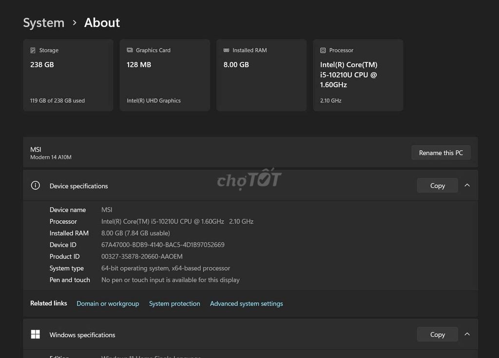 MSI Modern 14 A10M i5-10210U 8GB/238GB. Mua bán Laptop tại Quận Tân Bình Tp Hồ Chí Minh được đăng bởi pham ngoc ha hình 1
