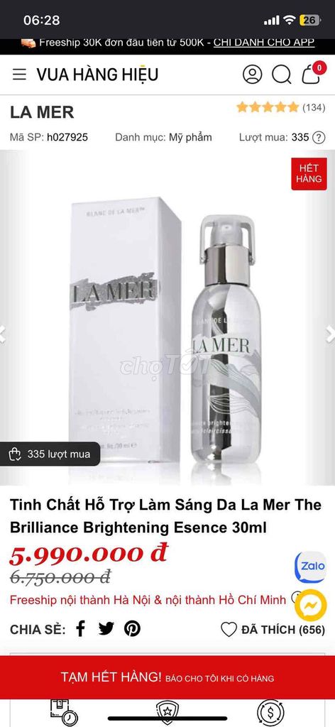 La Mer Tinh chất 30ml Làm sáng da. Mua bán Phụ kiện thời trang khác tại Quận 8 Tp Hồ Chí Minh được đăng bởi Hoàng trâm hình 1