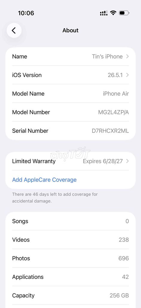 Apple iPhone Air 256GB Like New. Mua bán Điện thoại tại Quận 1 Tp Hồ Chí Minh được đăng bởi Thanh Duy hình 1