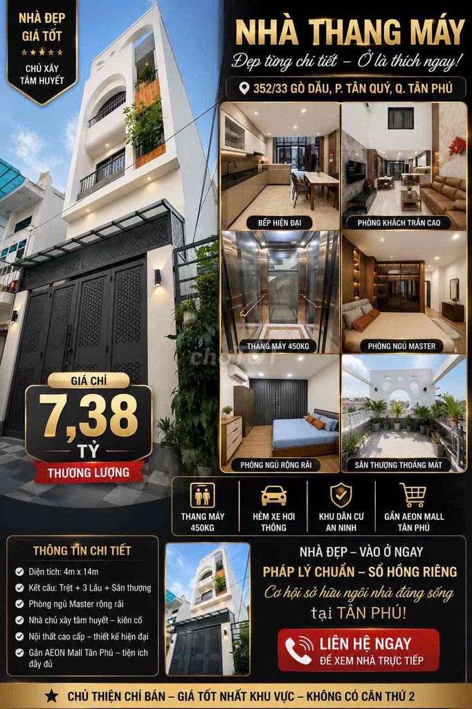 GÒ DẦU - TÂN PHÚ | NHÀ MỚI ĐẸP CÓ THANG MÁY. (DT: 4x13.5m 4 TẦNG)