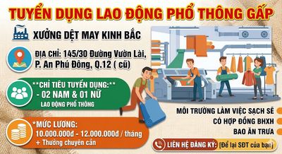 TUYỂN LĐPT KHÔNG YÊU CẦU KN QUẬN 12