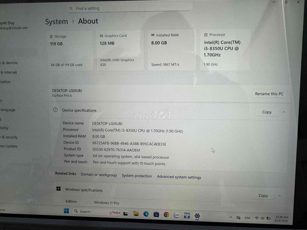 Microsoft Surface Pro 6 i5-8350U 8GB/119GB. Mua bán Máy tính bảng tại Quận Ninh Kiều Cần Thơ được đăng bởi DUY hình 1