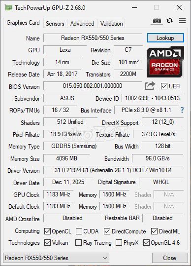 Card đồ họa ASUS RX 550 4GB GDDR5 Đen. Mua bán Linh kiện (RAM, Card...) tại Huyện Hóc Môn Tp Hồ Chí Minh được đăng bởi Hoàng Anh Lê hình 1