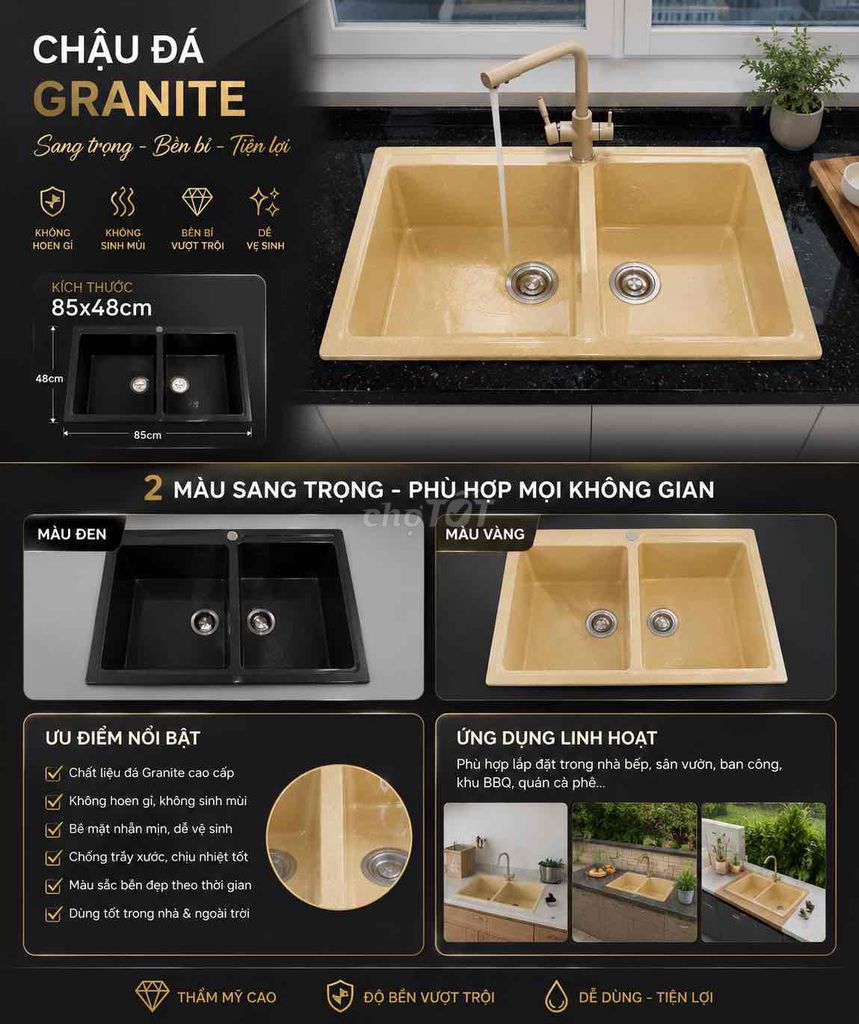 Chậu rửa bát Đá Granite Vàng chanh 85x49cm. Mua bán Thiết bị vệ sinh, nhà tắm tại Quận Tây Hồ Hà Nội được đăng bởi Phương ly hình 1