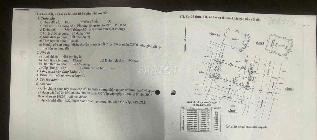 BÁN NHÀ MẶT TIỀN ĐC: 75 ĐƯỜNG SỐ 4, PHƯỜNG 04, QUẬN GÒ VẤP