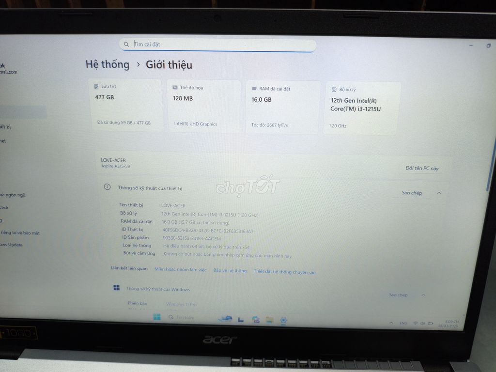 Acer Aspire 3 A315-59 i3-1215U 16GB/477GB SSD. Mua bán Laptop tại Quận Liên Chiểu Đà Nẵng được đăng bởi lê hồ phúc hình 1