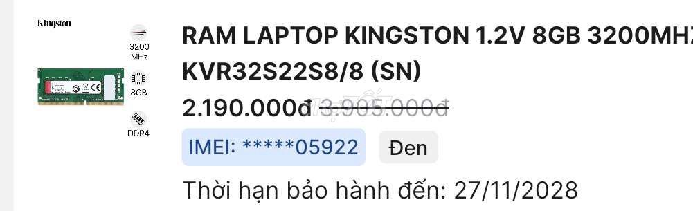 RAM Kingston KVR32S22S8/8 8GB DDR4 3200MHz Mới. Mua bán Linh kiện (RAM, Card...) tại Thành phố Thủ Đức Tp Hồ Chí Minh được đăng bởi ANH Duc hình 1